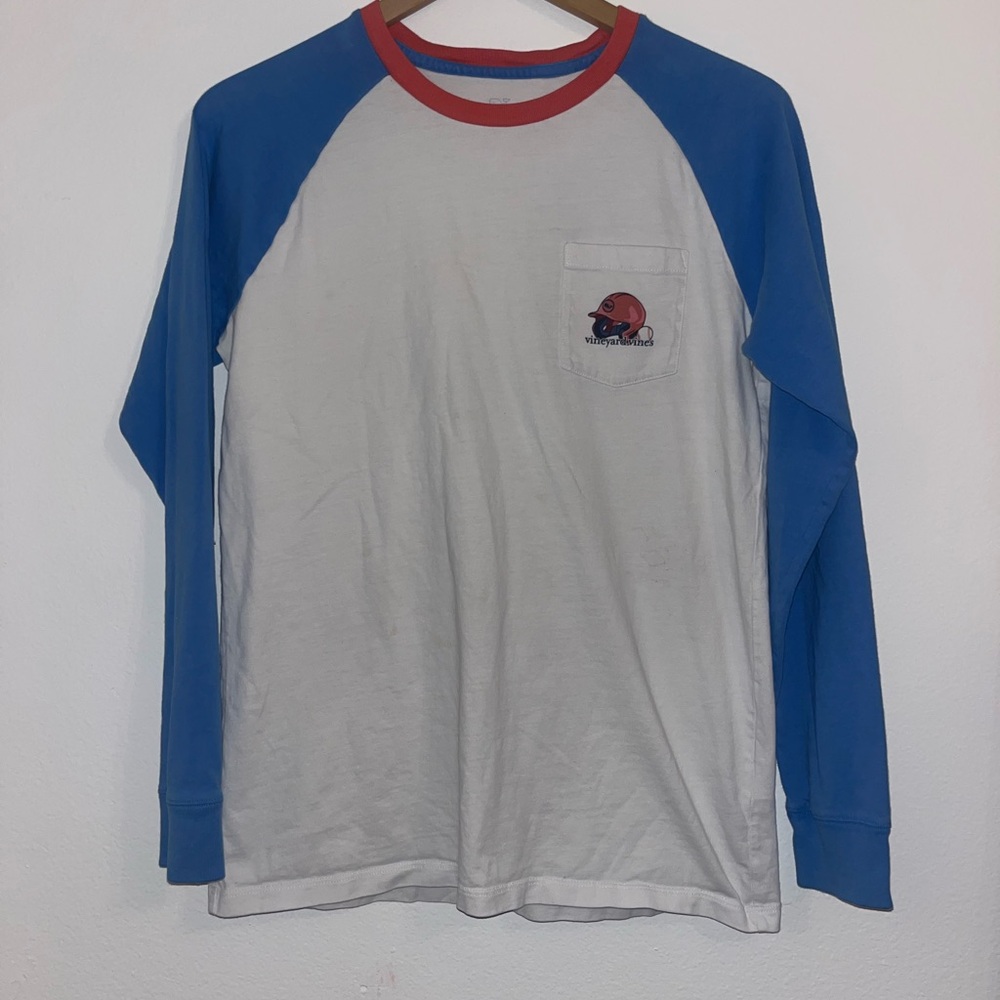 Boys Vineyard Vines baseball Blue and White Long Sleeve Tee XL (18)